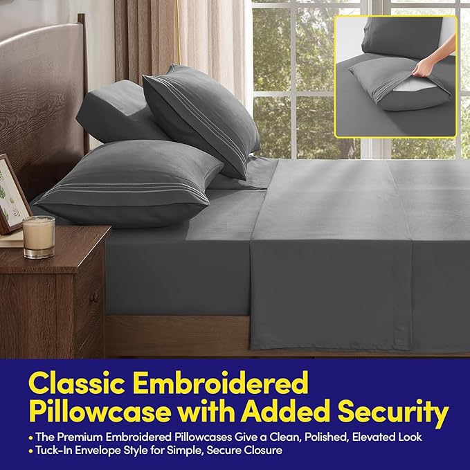 Split Head King Sheets Set for Adjustable Beds 4 Piece Flex Top Bed Sheets – Deep Pocket Split Top Fitted Sheet with Built-in Corner Straps, Luxury Soft Cooling Bedding, Wrinkle Resistant, Gray