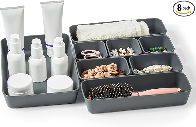 ISSEVE 8Pcs Nesting Silicone Drawer Organizer Trays, 4 Size Versatile Vanity Bathroom & Desk Drawer Organizer Set Storage Bins for Office,Kitchen,Nightstand,Black by ISSEVE