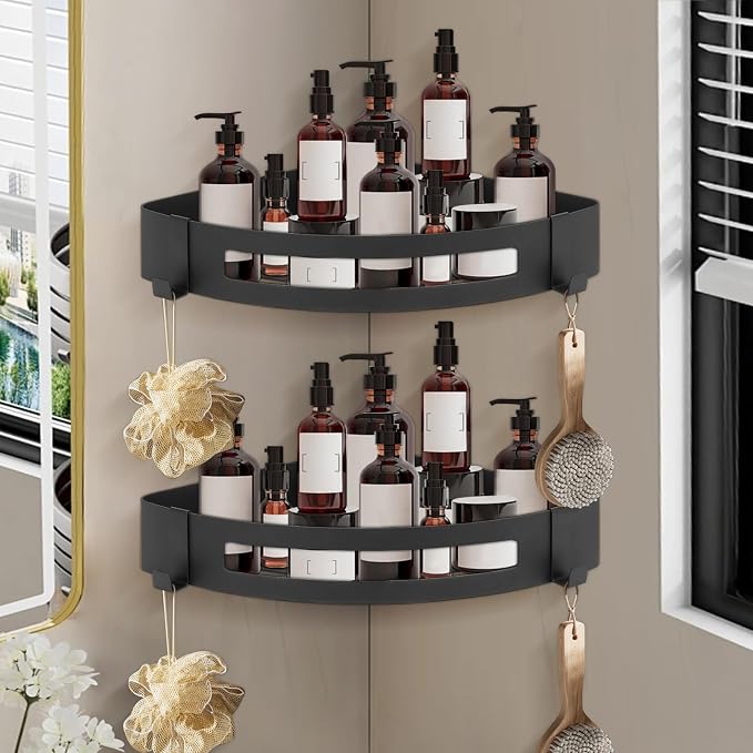 NearMoon Bathroom Corner Shelf Shower Caddy 2 Pack, No Drill 304 Stainless Steel Shower Organizer with 2 Hooks (Matte Black) - Image 8