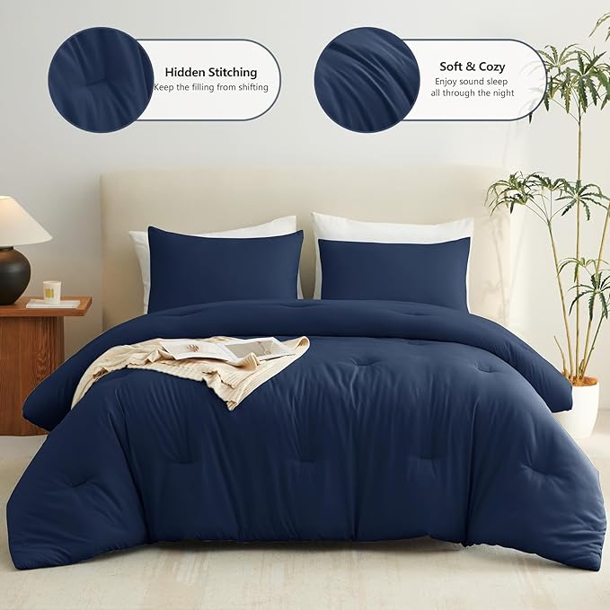 CozyLux Navy Blue Full Size Comforter Set, 3 Pieces Solid Breathable Quilted Style Bedding Sets, Luxury Fluffy Soft Bed Set with Down Alternative Comforter for All Season (1 Comforter & 2 Pillowcases)