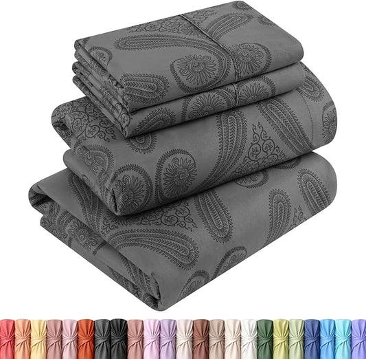 Utopia Bedding Queen Sheet Set, Soft Microfiber 4 Piece Bed Sheets with 15" Deep Pocket - Easy Care Brushed Microfiber (Paisley - Grey)