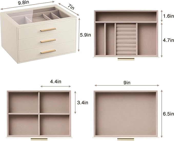 pickpiff Jewelry Box Organizer Case for Women: 3-Layer Jewelry Storage Case with Glass Window, Ivory Leather with Pink Velvet, Holder for Ring Necklace Bracelet Brooch Watch, Great Gift for Her - Image 4