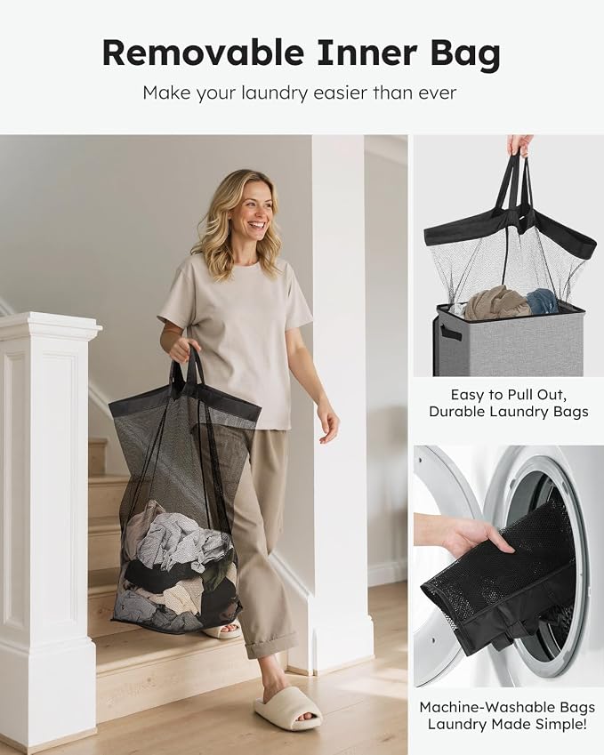 SOLEDI Slim Laundry Hamper with Lid, Narrow Laundry Basket with Removable Bags, Dirty Clothes Hamper with handle, Small Hamper perfect for Laundry room, Bathroom, Bedroom, Small spaces. 70L Grey - Image 3