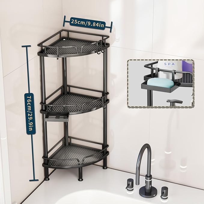 Consumest Corner Shower Caddy Stand - 3 Tier Shower Organizer with Soap Holder, Tall Floor Corner Shelves Standing with Adjustable Feet & 4 Hooks, Storage Rack for Bathroom Black - Image 2