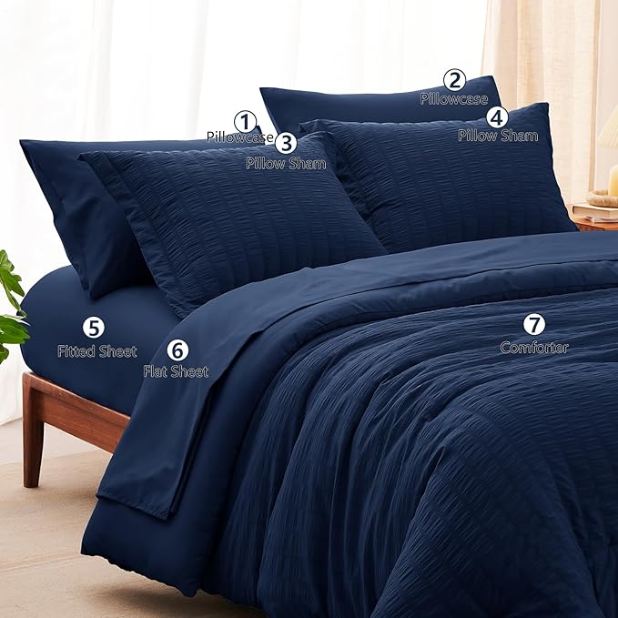 CozyLux Oversized Queen Comforter Set Navy Blue Seersucker 7 Pieces 98x98 Bed in a Bag Comforter Set with Sheets, Luxury Soft Bedding Sets with Down Alternative Comforter, Sheets, Pillowcases & Shams