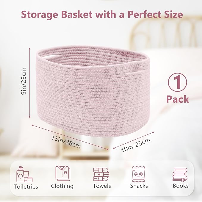 ECDYQXVU Cotton Rope Storage Basket, 15x10x9 Inches, Woven Basket for Shelves, Clothes, Towels, Books, and Laundry, Light Pink (1 Pack) - Image 3