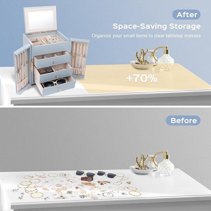 Dajasan Large Jewelry Box Organizer, Jewelry Storage Organizer with 3 Drawers, Huge Jewelry Box with Mirror for Women Girls, Double Door, Textured PU Leather, Gift Idea, Stylish (Blue + Gold) - Image 7