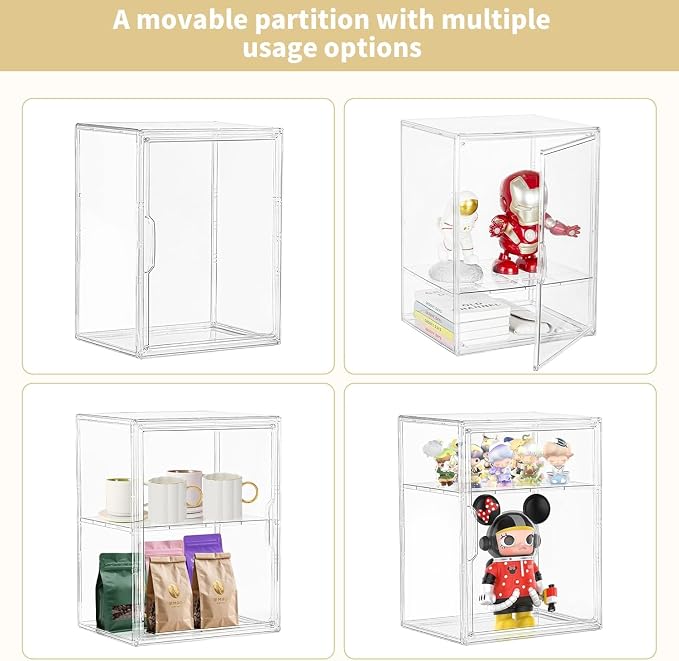Attelite Acrylic Display Case Compatible with POP MART Labubu Display Case 4 Pack Clear Display Box with Magnetic Door for Figures Collectibles, 3 Adjustable Layers with a Removable Divider,X Large - Image 3