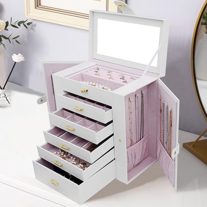 AKOZLIN Extra Large 6-Tier Jewelry Box Organizer with Mirror, 5 Drawers Leather Jewelry Storage Case for Women Girls Ring Necklace Earring Bracelet White - Image 7
