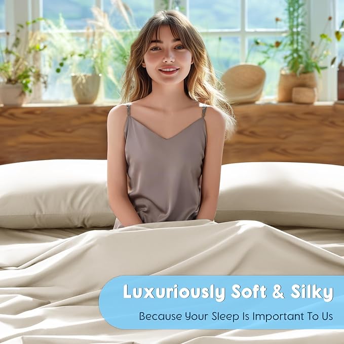 SONORO KATE 100% Egyptian Cotton Sheets Set - 1000 High Thread Count, Luxury 5-Star Hotel Sateen Bed Sheets, Soft, Breathable Long Staple Sheets, Fit up to 16" - 4 PC (Cream,King)