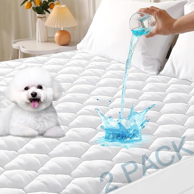 MUXHOMO 2 Pack California King Size Mattress Protector, 100% Waterproof Quilted Mattress Cover Cal King Size Bed, Noiseless Soft & Cooling Mattress Pad Cover, Deep Pocket 6"-21", White