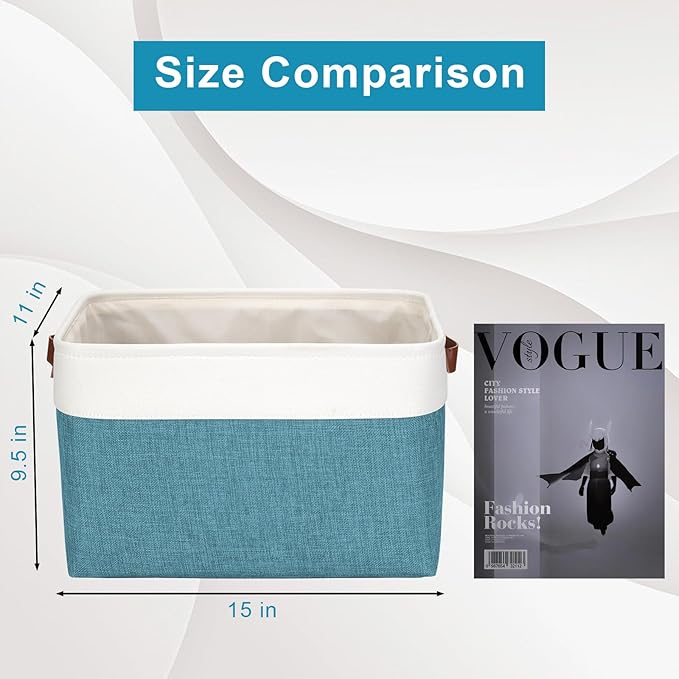 Bagnizer Storage Bins Large Fabric Storage Baskets for Shelves 3 Pack, Decorative Linen Closet Baskets with Handles for Organizing, Shelf, Clothes, Home, Office, 15x11x9.5Inches (Teal&White) - Image 3