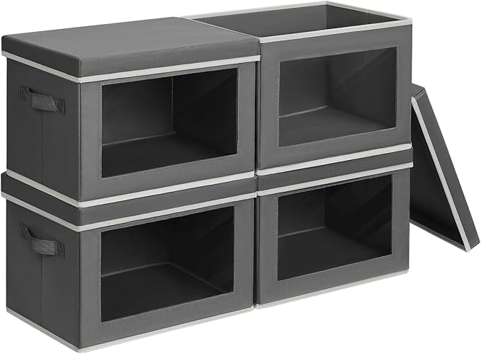 Homsorout Stackable Storage Bins with Lids - Large Storage Box with Lids, Foldable Closet Boxes for Organizing, Wardrobe Clothes Organizer with Window, Cubes Bins for Living Room, 4 Pack, Dark Grey by Homsorout