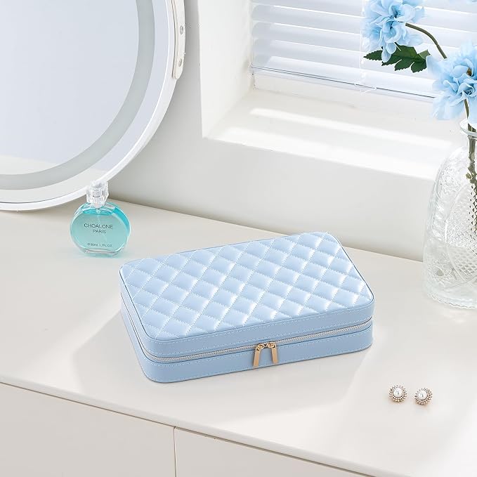 Lolalet Travel Jewelry Case for Women Girls, Travel Jewelry Organizer Box with Mirror & Clear Storage Bag, Small Portable Earring Necklace Bracelet Ring Case, Birthday Valentine Gifts -Large, Blue - Image 7