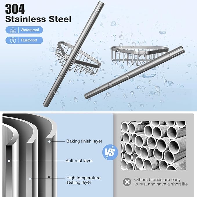 ESSEME Corner Shower Caddy Tension Pole: Adjustable Rustproof 4-Tier Inside Bathroom Organizer - 47-121 inch Quick Installation Bathtub Shelves for Shampoo Storage - Rod Floor Standing Bath Rack - Image 4