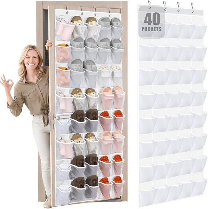 Windyun 40 Over the Door Shoe Organizer Large Breathable Mesh Pocket Clear White Hanging Shoe Rack for Closet Behind Door Hanger Storage Holder Nonslip Hook for Women Men Entryway Bedroom Utility Room by Windyun