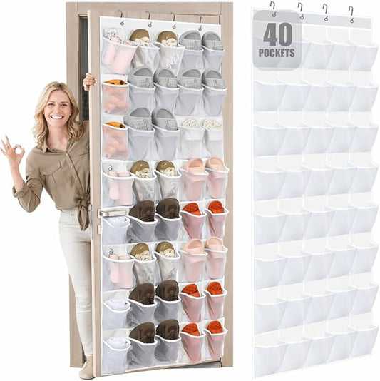 Windyun 40 Over the Door Shoe Organizer Large Breathable Mesh Pocket Clear White Hanging Shoe Rack for Closet Behind Door Hanger Storage Holder Nonslip Hook for Women Men Entryway Bedroom Utility Room by Windyun