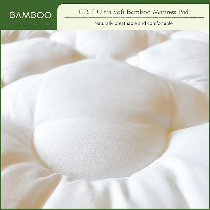GRT Mattress Pad Cover Rayon from Bamboo Full Size, Extra Thick Quilted Fitted Mattress Topper with 19 Inches Deep Pocket, Cooling Breathable and Noiseless Mattress Cover