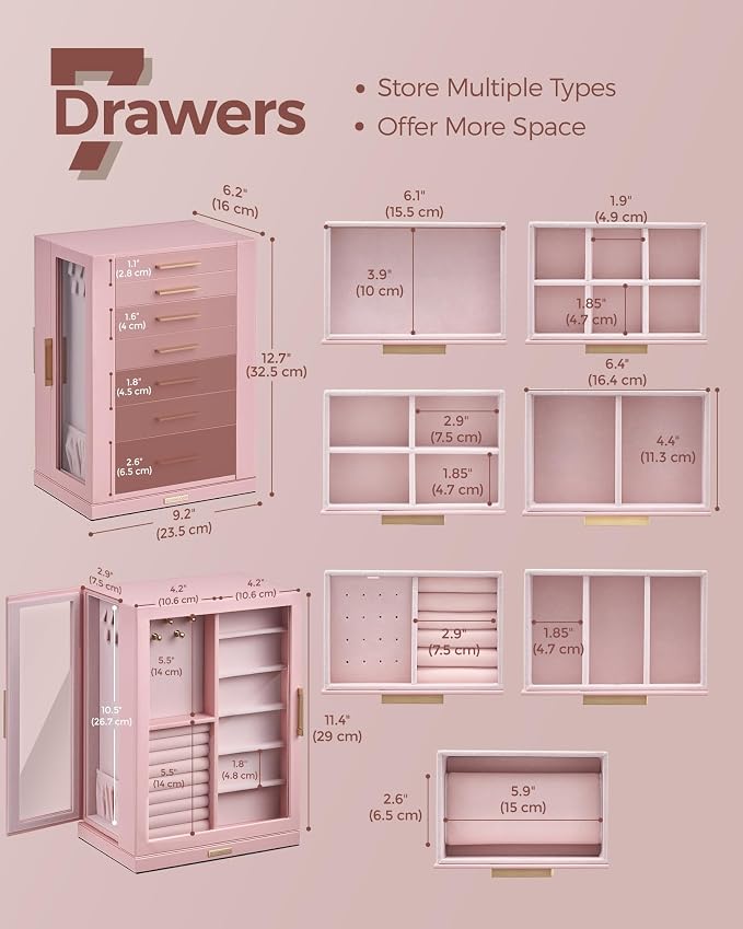 Glimmloop 360° Rotating Jewelry Box with 7 Drawers, Spacious Vertical Jewelry Organizer with Glass Window, Jewelry Storage Case, Dustproof & Moisture-resistant Design, Pink - Image 5