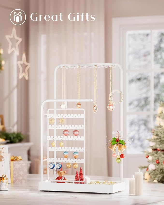 ProCase Jewelry Stand Holder Organizer, Jewelry Display Storage with Ring Tray, Rotating Earring Bracelet Necklace Holder, Valentine's Gifts Room Dorm Decor for Teen Girls -White (No-Assembly) - Image 8