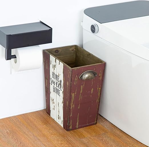 Small Wood Trash Can Wastebasket, Farmhouse Rectangular Garbage Can Waste Basket, Rustic Distressed Wooden Trash Recycling Bin with Metal Handles, Home Sweet Home Wood Storage Basket (Distressed) - Image 8