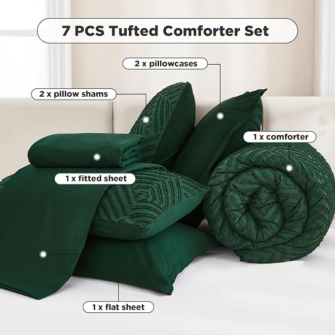 Andency Oversized King Comforter Set Dark Emerald Green - 7 Pieces Bed in a Bag Super King Bedding Sets, Boho Tufted Lightweight Fluffy Bed Set with Comforter, Sheets, Pillowcases & Shams