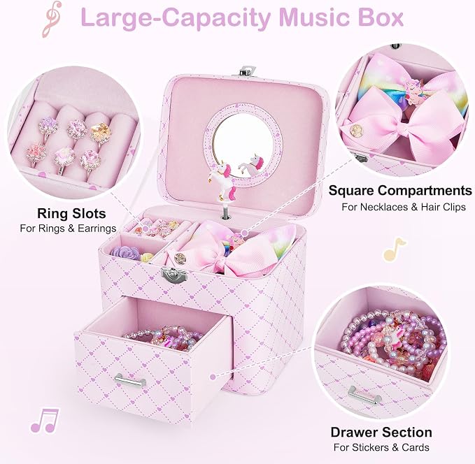 Basumee Musical Jewelry Box for Girls PU Leather Music Box with Drawer Large Kids Jewelry Organizer with Unicorn/Ballerina Jewelry Storage for Little Girls Ages 3–10, Birthday & Holiday Present - Image 3