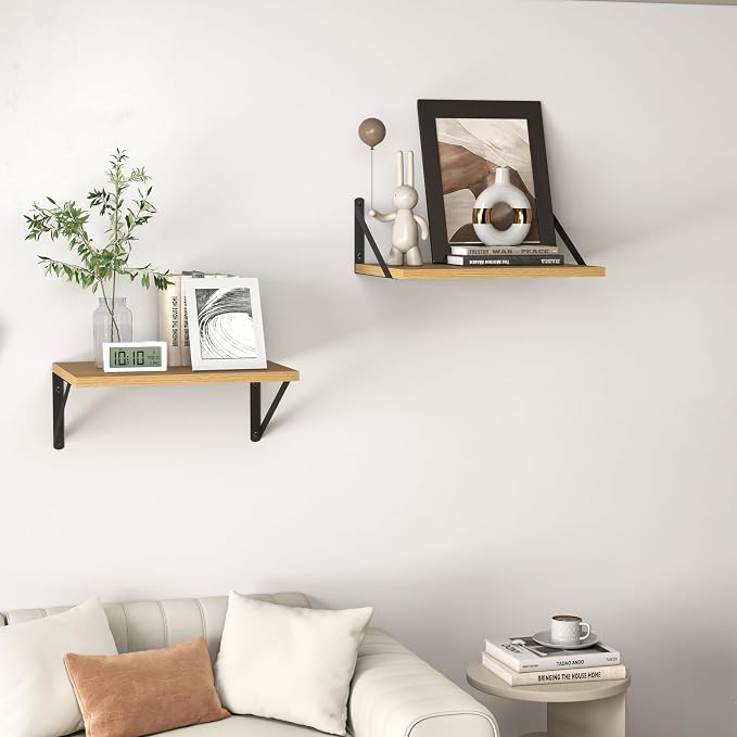 Heimlove 12 Inch Deep Floating Shelves for Wall, 16W x 12D Wood Wall Shelves Set of 2, Rustic Oak Wide Floating Bookshelf for Living Room, Kitchen, Office, Bedroom, with Black Metal Bracke - Oak - Image 7