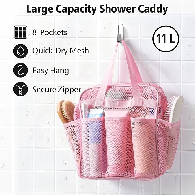 F-color Mesh Shower Caddy Portable with Zipper - Upgrade Deeper 7 Pockets Dorm Room Essentials for Guys Girls with S Hook, Shower Bag Basket Tote for College Camping Toiletry Bathroom, Pink - Image 3