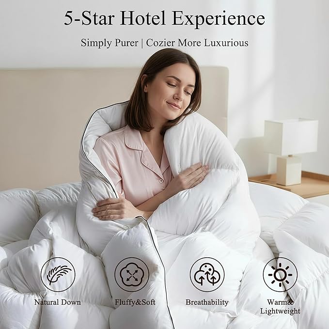 Feather Down Comforter King Size,Premium Ultra-Soft Breathable Comforter High Fill Power Grey Duvet Insert,All Season Hotel Bedding Comforters (Ivory White/All Season, King (U.S. Standard))