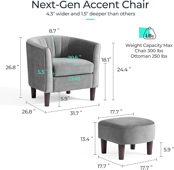 LINSY Accent Chair with Ottoman, Modern Armchair Comfy Barrel Reading Chair with Footrest for Living Room Bedroom Reading Room, Velvet, Light Grey