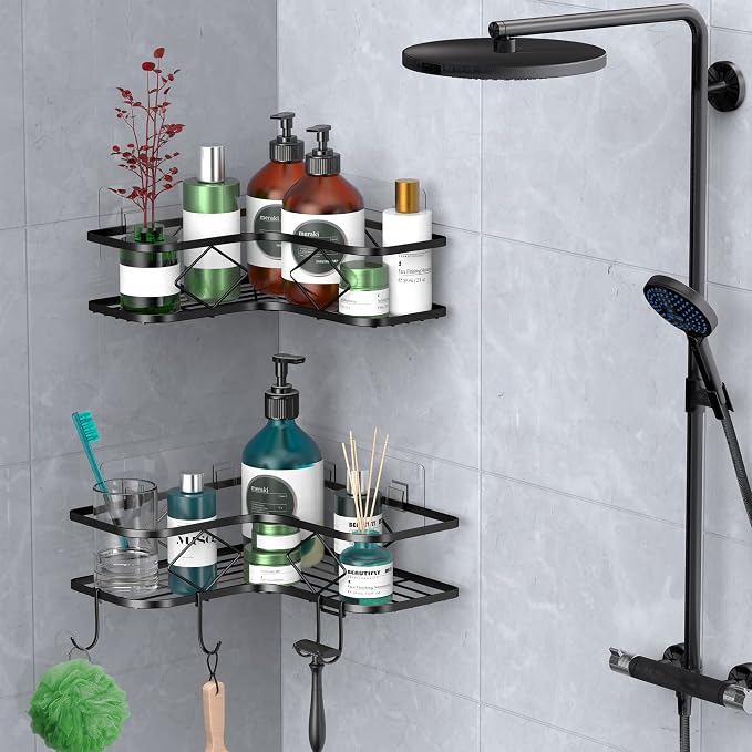 Shower Caddy, 2 Pack Corner Organizer Shelf, Rustproof Wall Mount Shower Storage Rack, No Drilling, 40 lbs Capacity (Glossy Black) - Image 4