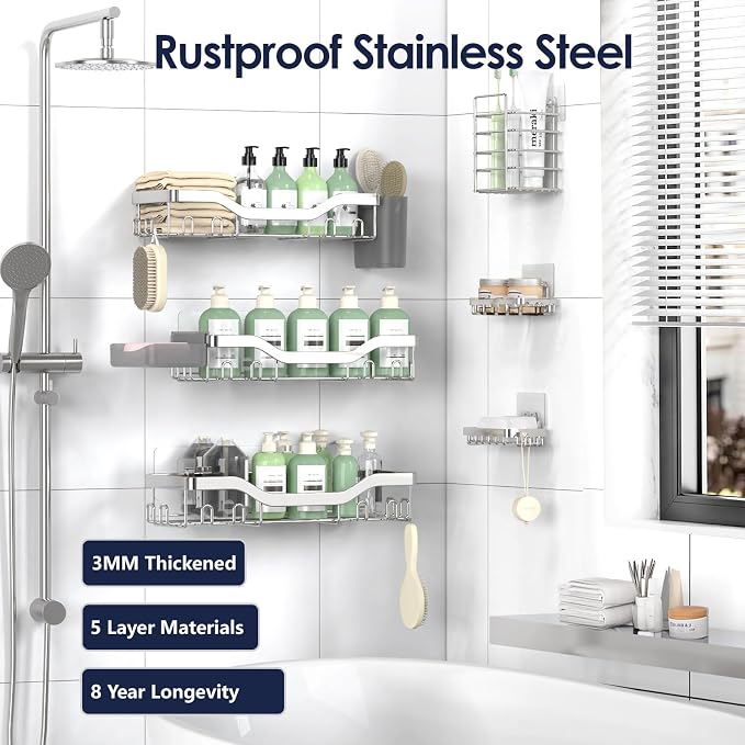 NESOMI Shower Caddy Adhesive Shower Organizer 8-Pack, Rustproof Stainless Steel Bathroom Shelves, Large Capacity No-Drill Rack Storage Accessories with Soap Dish Toothbrush Holder Hooks - Image 5