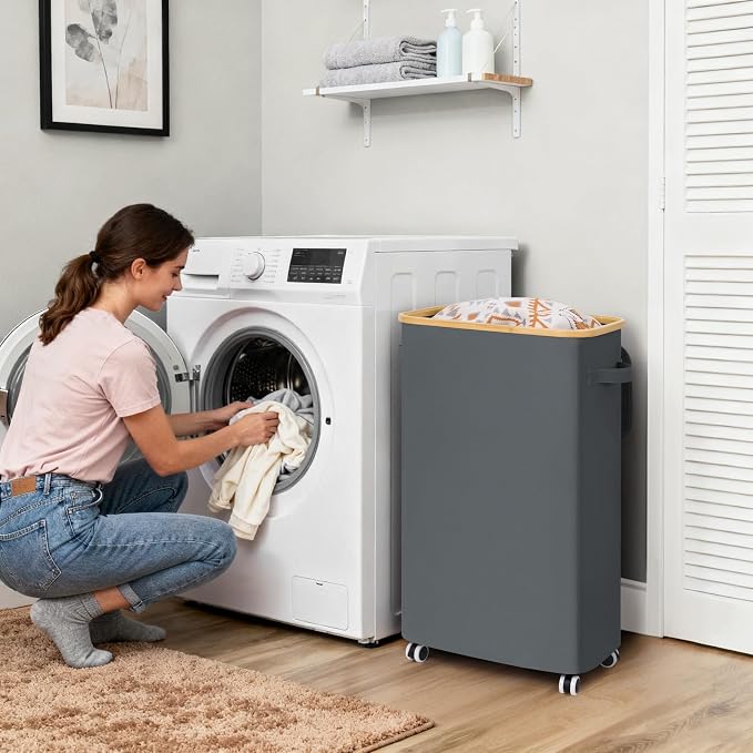 Goodpick Slim Laundry Basket with Wheels and Lid, 75L Rolling Dirty Clothes Hamper for Dorm Bathroom, Large Laundry Hamper with Bamboo Frame Removable Bag, 17" x 9.8" x 29.5", Gray - Image 2