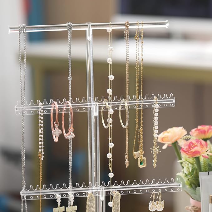lengnoyp Premium Jewelry Stand, Earring Holder, Necklace Holder Stand, Clear 3-Tier Acrylic Large Storage Jewelry Organizer Stand & Bracelet/Bangles Stand, 48 Earring Holes Display Stands - Image 3