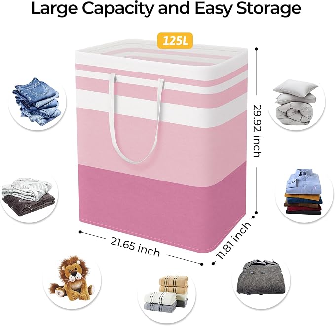HomeHacks 2 Pack Large Laundry Baskets, Waterproof, Freestanding Laundry Hampers, Collapsible Clothes Hamper with Reinforced Handles in Laundry, College Dorm, Bathroom, Bedroom (Grey+Pink, 125Lx2) - Image 4