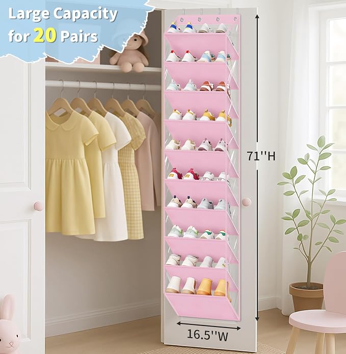 AOODA 10 Tier Clear Over the Door Shoe Organizer Storage, Deep Pockets Large Hanging Shoe Rack for Closet Door, Fit 20 Pairs Shoe Holder Hanger for Sneakers, Boots (Pink) - Image 2