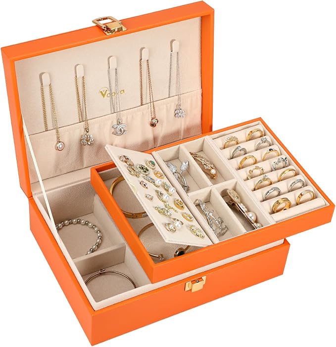 Voova Jewelry Box Organizer for Women Girls, 2 Layer Large Men Jewelry Storage Case, PU Leather Display Jewellery Holder with Removable Tray for Necklace Earrings Rings Bracelets, Vintage Gift,Orange by Voova