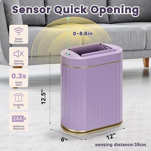 ELPHECO Bathroom Trash Can with Lid Butterfly, Motion Sensor Trash Can Bathroom Decor Automatic Garbage Can Wastebasket Bathroom Accessories, Kitchen, Living Room, Office, Purple Gold - Image 7