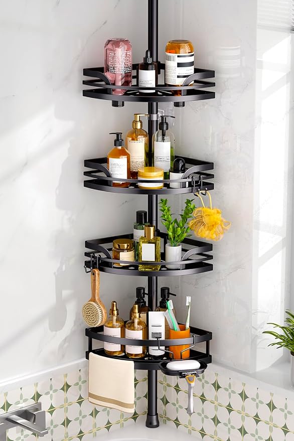 HAMITOR Shower Caddy Tension Pole: Rustproof Bathroom Corner Shelf for Renters, 47-121inches Adjustable Organizer with Soap Holder-Large Capacity Rack for Shampoo Storage Home Accessory - Black by HAMITOR