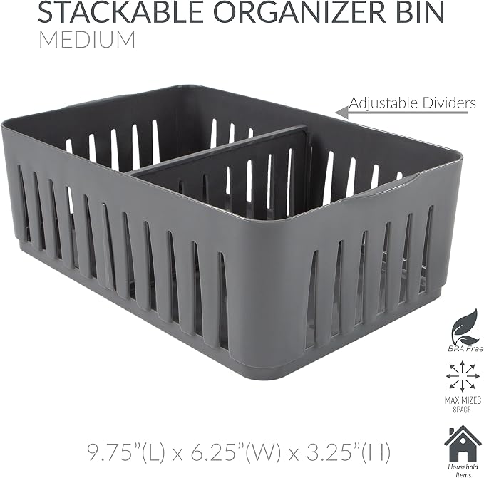 Simplify 4 Pack 3 Compartment Stackable Bin with Adjustable Dividers | Drawer Organizer | Storage Basket | Good for Office | Desk Supplies | Dorm | Bathroom | Accessories | Make Up | Grey - Image 2