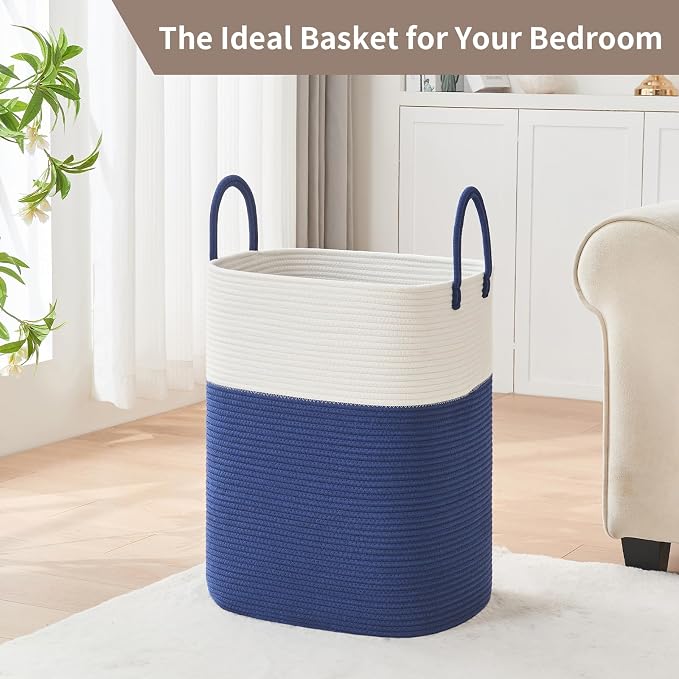 AINUOQI Laundry Basket with Handles - Blanket Basket & Hampers for Bedroom Aesthetic, Laundry Hamper & Blanket Storage for Living Room, Clothes Hamper, Tall, Large 17" x 14" x 23”, White & Dark Blue - Image 7
