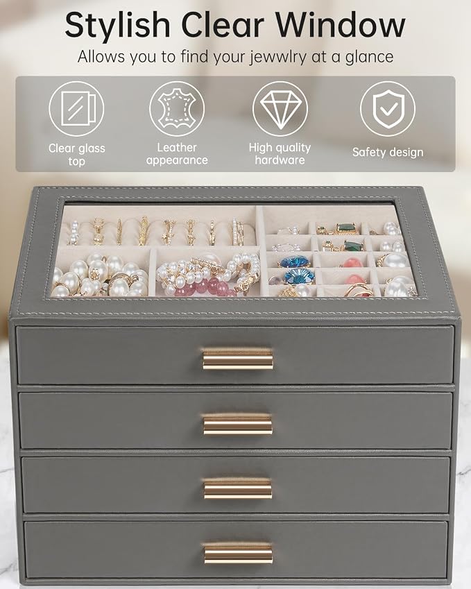 AKOZLIN Jewelry Box with Clear Lid Functional Leather Jewelry Storage Organizer Case 4 Drawers for Women Girls Necklace Ring Bracelet Earring DarkGrey - Image 6