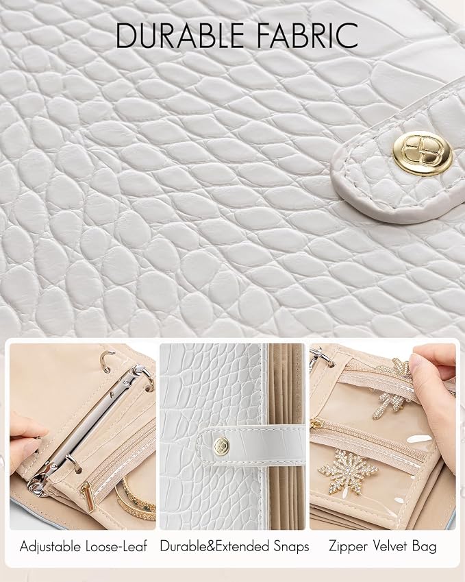 VLANDO Travel Jewelry Organizer Case,Travel Gifts for Women,Portable Jewelry Storage Book Ring Binder with Clear Zipper Velvet Jewelry Pouch Bag-White - Image 2