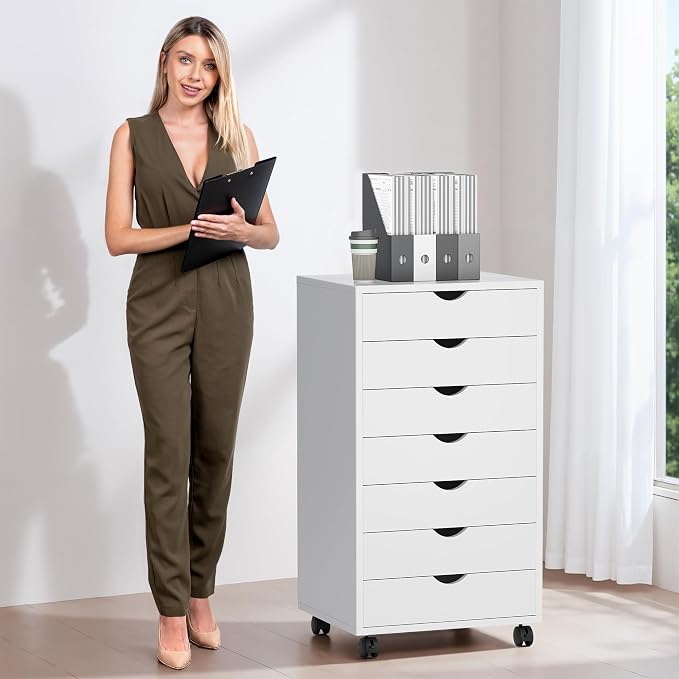 7 Drawer Mobile File Cabinet Under Desk Storage Organization with Wheels Vertical Filing Chest Rolling Wood Small Desk Printer Stand for Home Office, White - Image 2