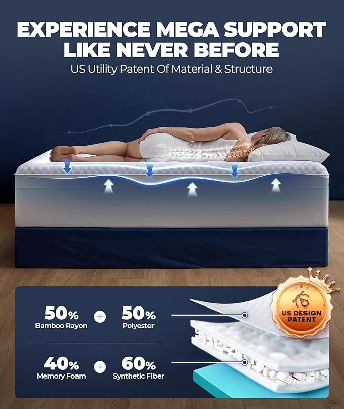 5 Inch Mega Support Memory Foam Mattress Topper for Pressure Relief, Dual Layer 2.5" Pillow Top Mattress Topper Plus 2.5" Cooling Gel Infused Memory Foam Mattress Pad (Queen)