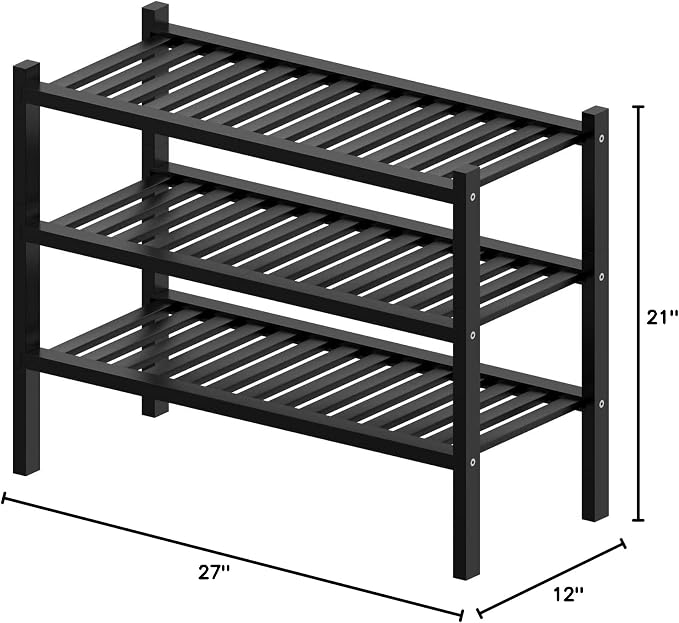 ROMGUAR CRAFT 3 Tier (Thick) Bamboo Shoe Rack for Entryway, Small Wood Shoe Shelf Storage Organizer for Closet, Shoe Stand for Hallway, Stackable and Sturdy 27"x12"x21" Black - Image 3
