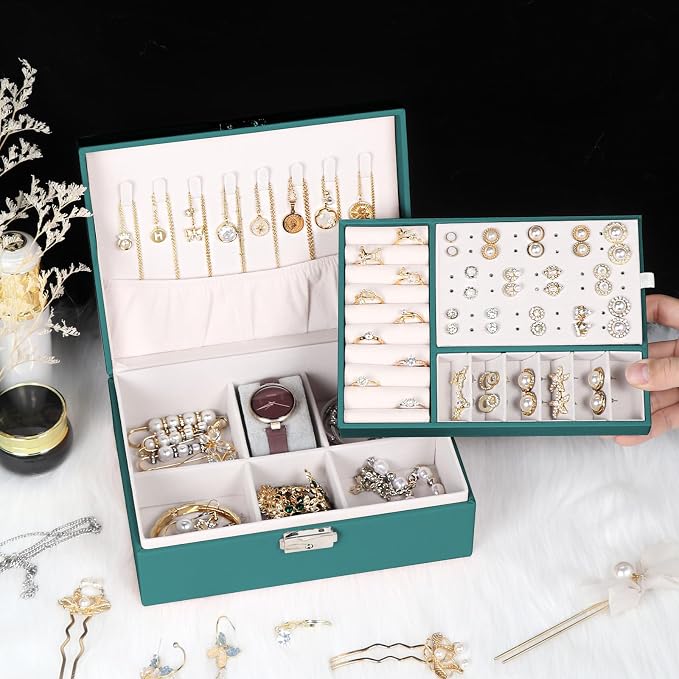 Jewelry Box for Women Girls, 2 Layers Jewelry Organizer Container with Lock, PU Leather Storage Case with Removable Tray, Jewelry Display Box for Necklaces Earrings Bracelets Rings Watches (Green) - Image 5