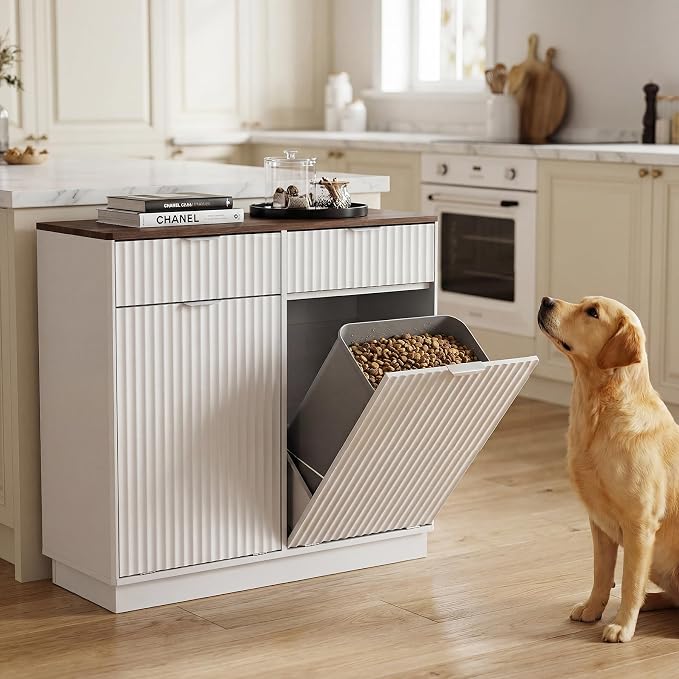 Double Tilt-Out Trash Cabinet, Laundry Hamper Cabinet with 2 Drawers, 39.4W x 34.3H x 13.8D inches, Walnut+White, Wave-Textured Front. - Image 8