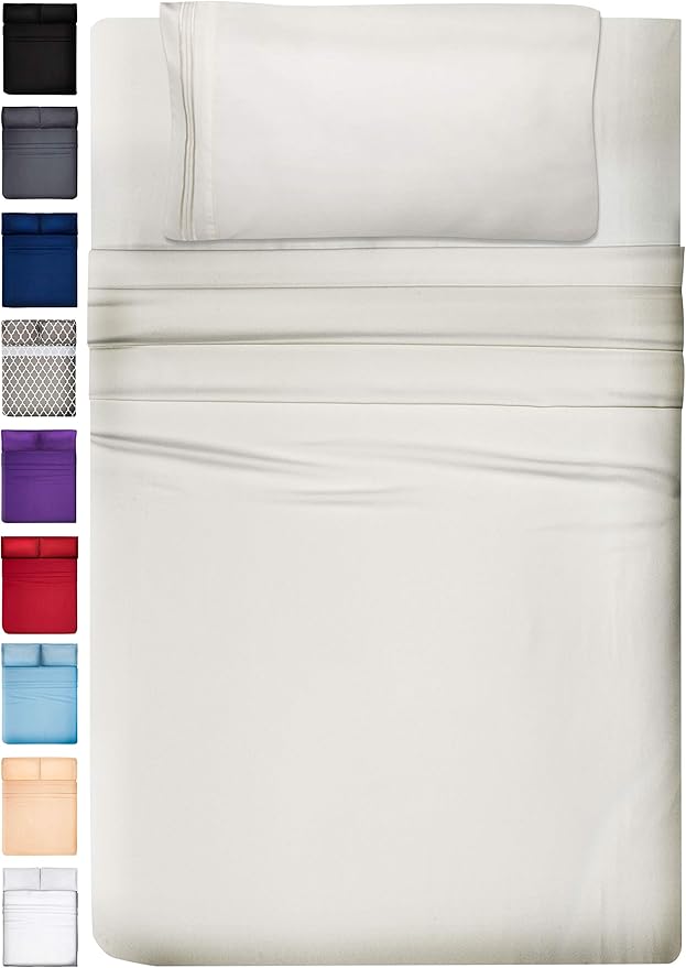 DREAMCARE Twin XL Sheet Sets - 3 pcs Breathable Cooling Bed Sheets - up to 21" Extra Deep Pocket Twin XL Sheets Set with Side Pockets - Extra Soft 100% Brushed Hypoallergenic Hotel Luxury - Ivory